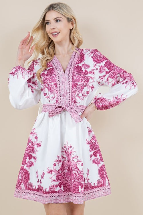 Paisley Long Sleeve Belted Dress