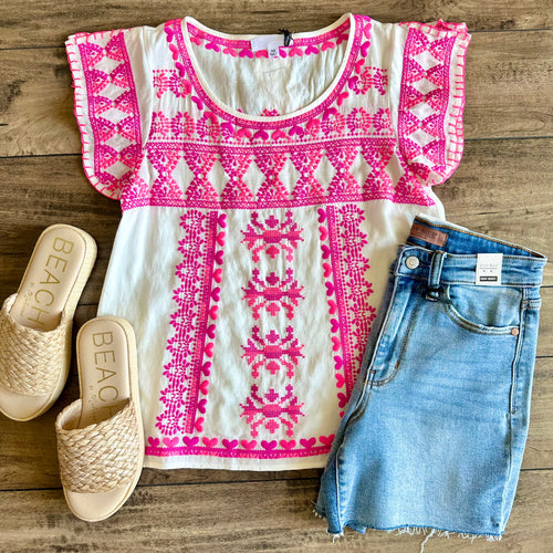 White and Pink Embroidered Top