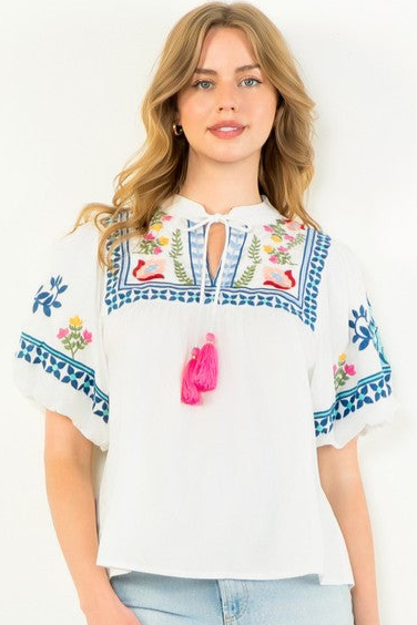 Embroidered Tassel Tie Neck Top