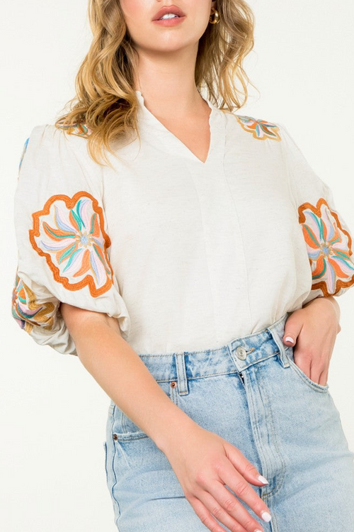 Embroidered Puff Sleeve Top