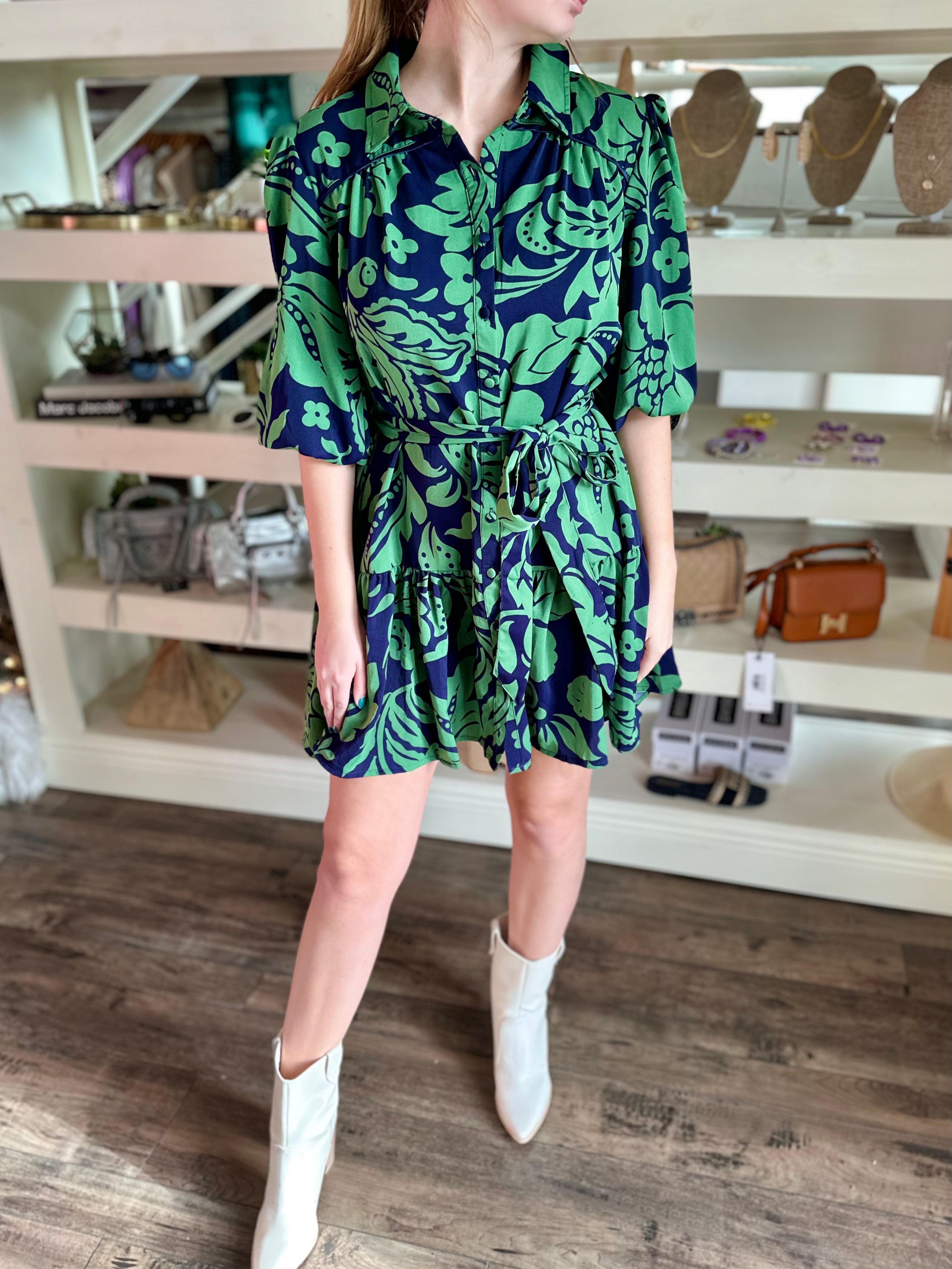 Navy and Green Floral Dress
