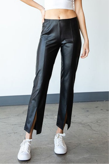 Faux Leather Front Slit Pants