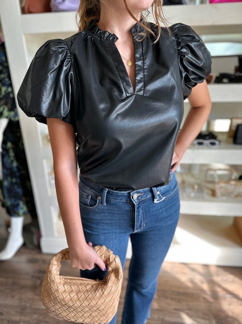 Black Faux Leather Puff Short Sleeve Top