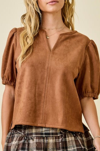 Faux Suede Puff Sleeve Top