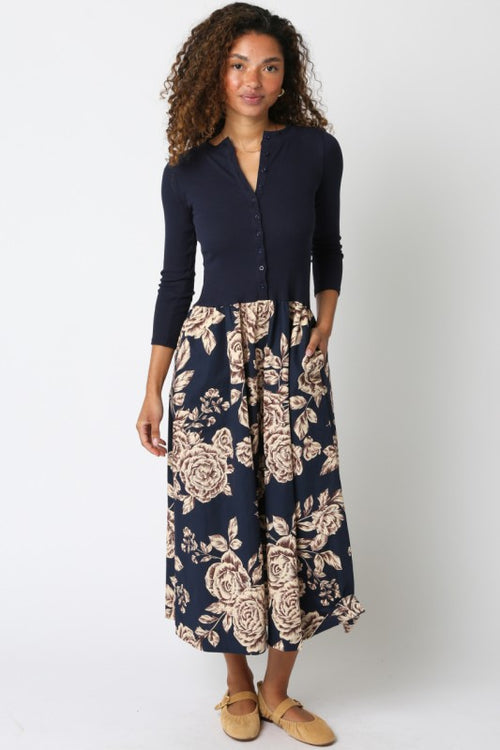 Navy Floral Contrast Dress