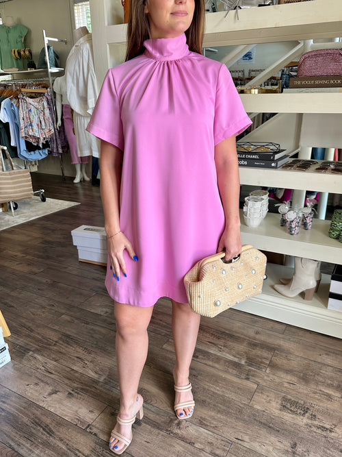 Pink Tie Mock Neck Dress