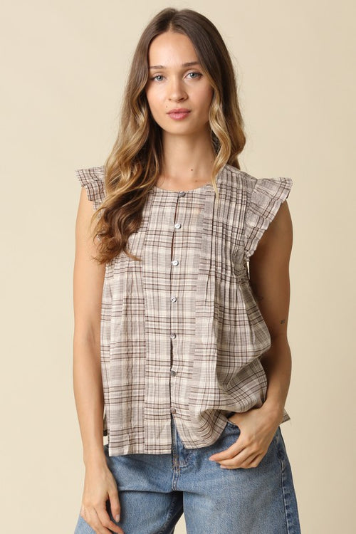 Brown Plaid Button Front Tank