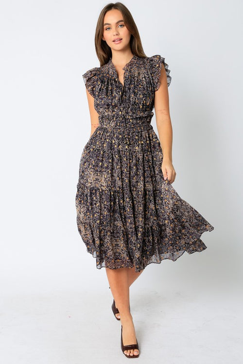 Pattern Ruffle Midi Dress