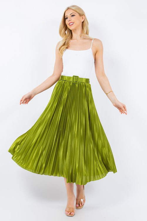 Green Pleated Satin Skirt