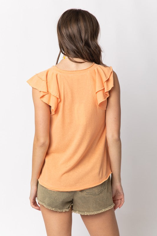 V-neck tee with flutter cap sleeves and round raw cut hem.