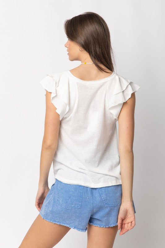 V-neck tee with flutter cap sleeves and round raw cut hem.