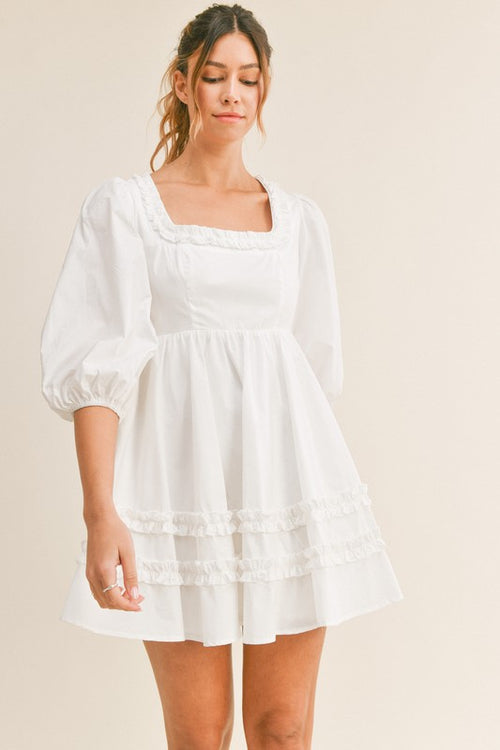 White Square Neck Ruffle Dress