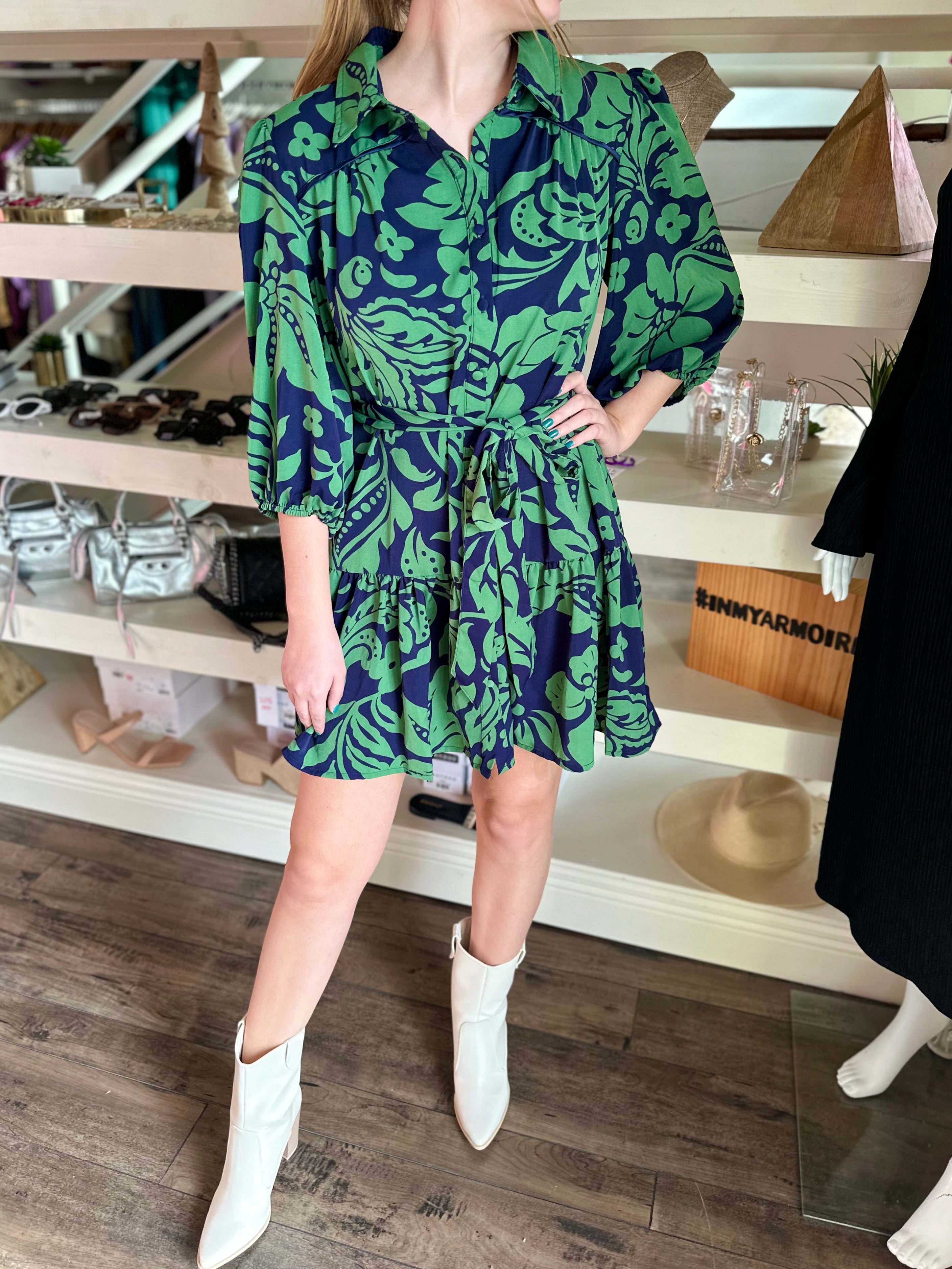 Navy and Green Floral Dress