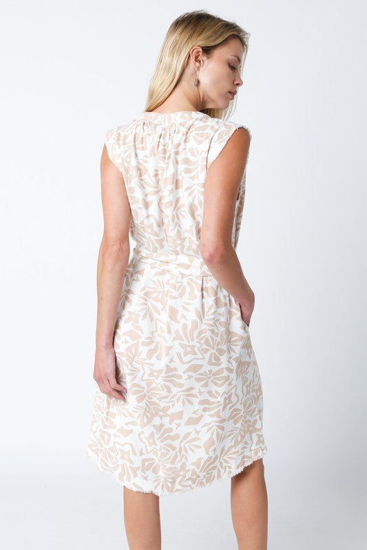 Cream Khaki Print Linen Dress