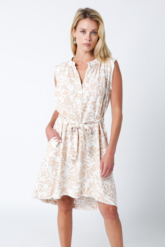 Cream Khaki Print Linen Dress