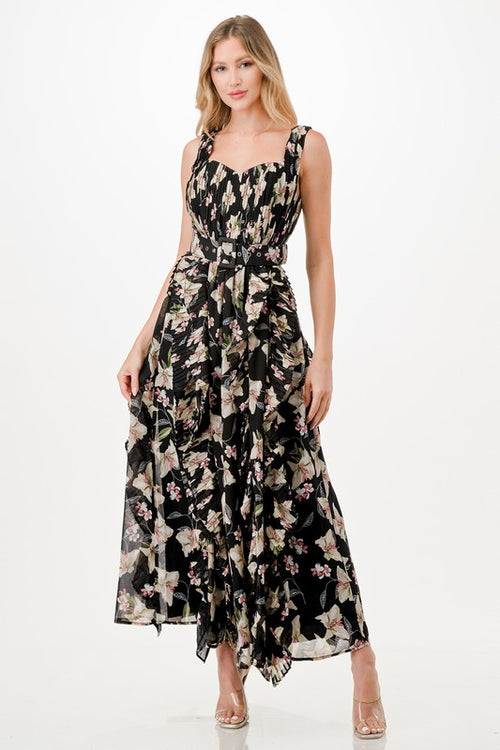 Floral Pleat Belted Dress