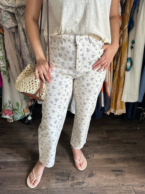 Cream Floral Pattern Jeans