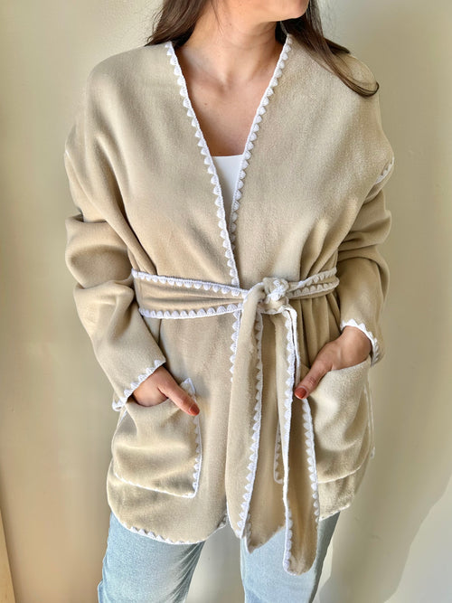 Contrast Trim Belted Cardigan