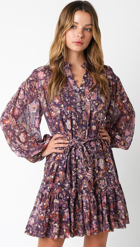 Purple Pattern Long Sleeve Dress