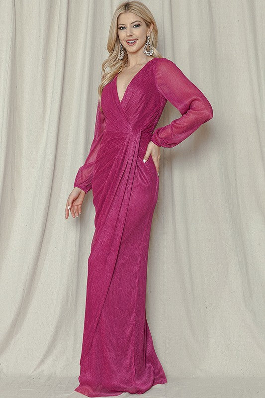 Magenta Shimmer Long Sleeve Gown