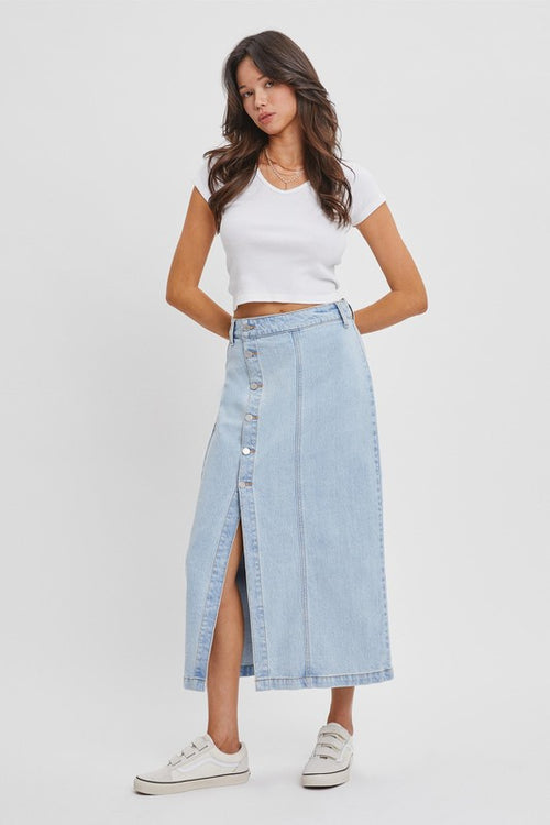 Denim Side Button Midi Skirt