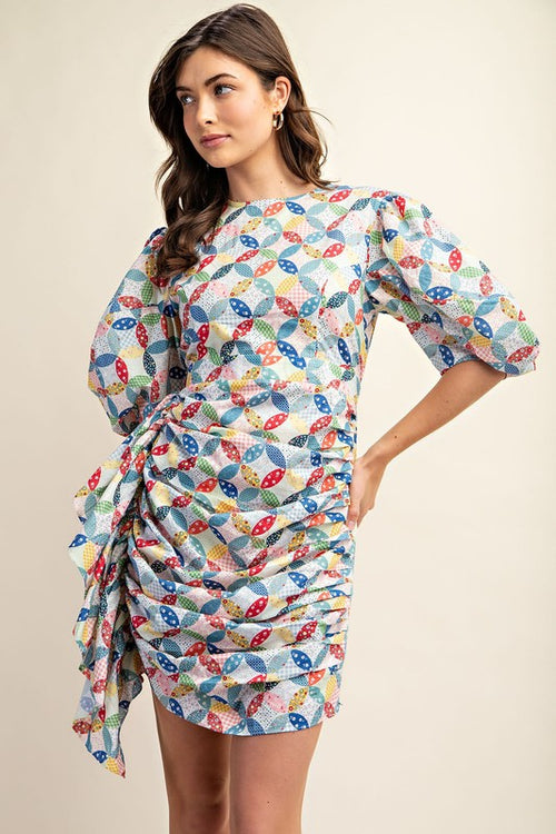 Quilt Print Ruched Dress