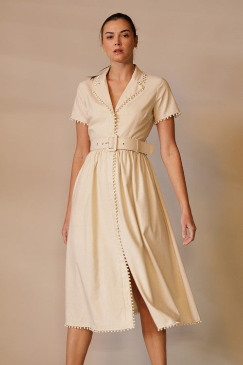 Pearl Trim Linen Blend Midi Dress