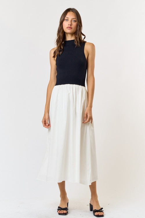 Knit Poplin Contrast Midi Dress