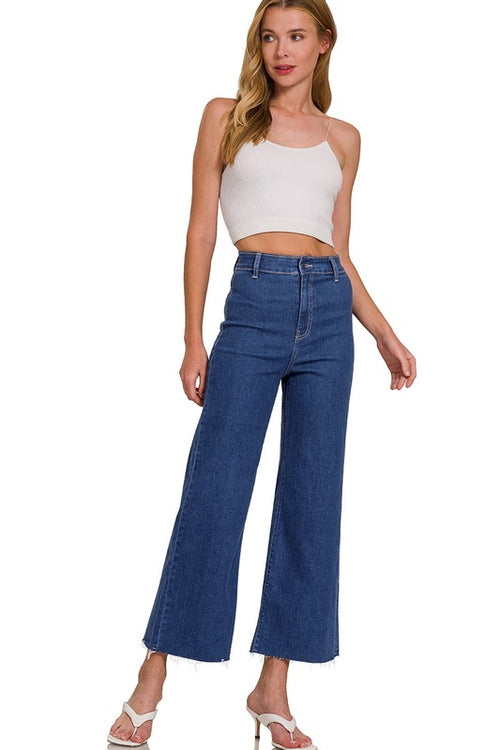 Dark High Waist Raw Hem Jeans