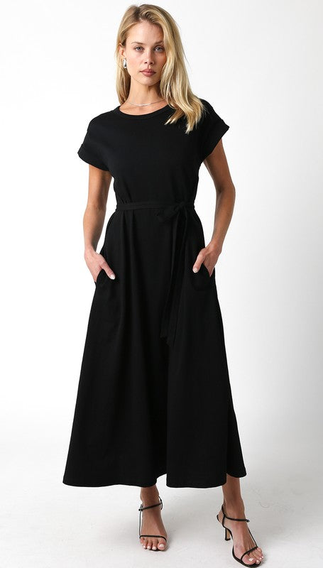 Black Tie Waist Midi Dress