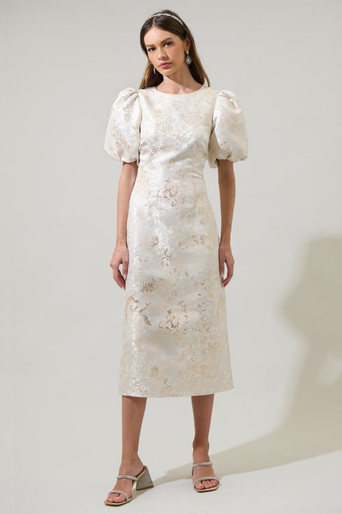 Ivory Gold Jacquard Midi Dress