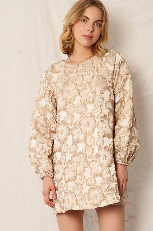 Cream Jacquard Bubble Sleeve Dress