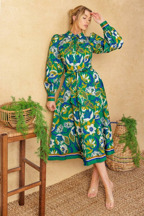 Tropical Long Sleeve Midi Dress