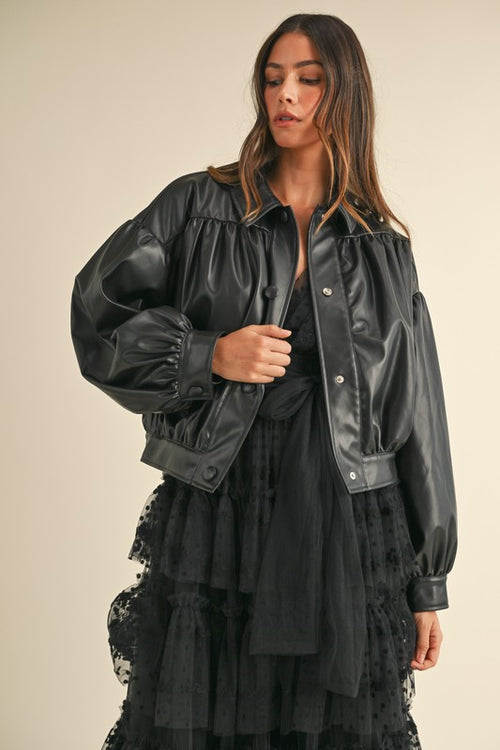 Faux Leather Balloon Sleeve Jacket