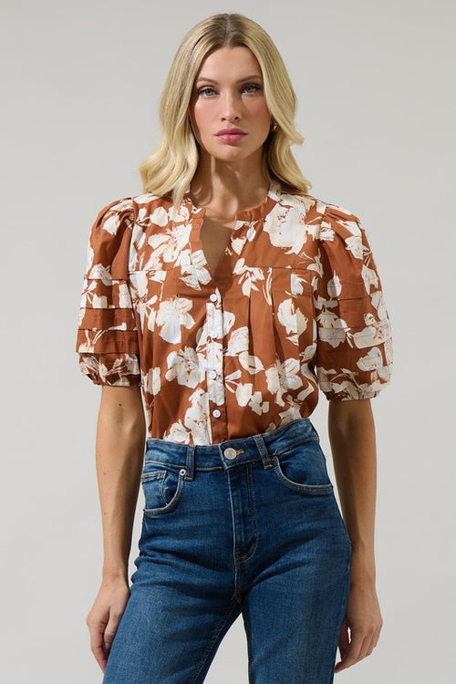 Brown and White Floral Top