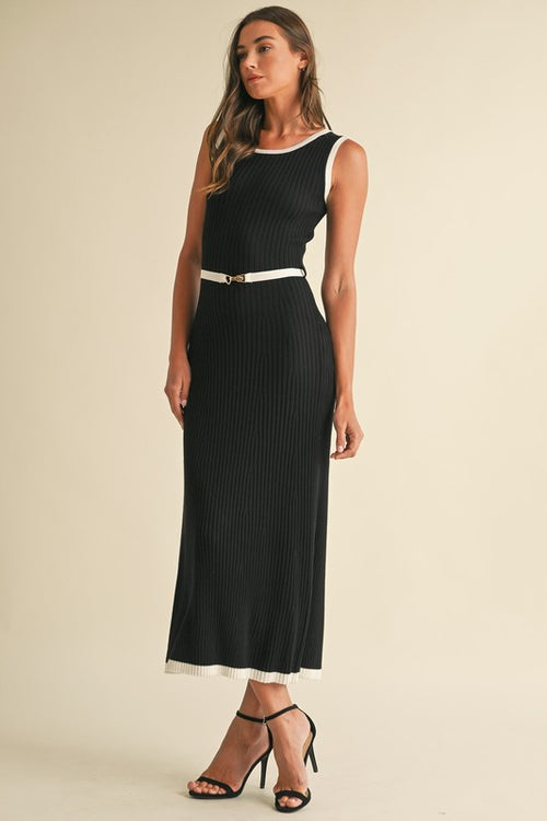Ribbed Contrast Trim Midi Dress