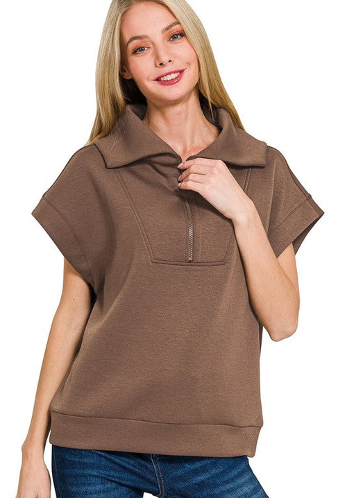 Half Zip Cap Sleeve Sweatshirt