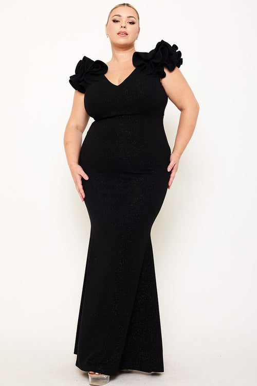 Black Glitter Ruffle Shoulder Gown