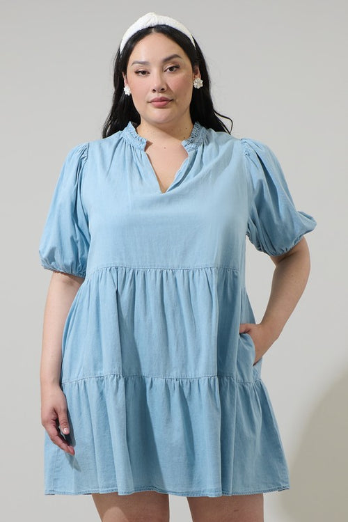 Curvy Chambray Tiered Mini Dress