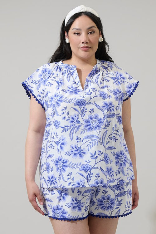 Curvy Blue and White Floral Top