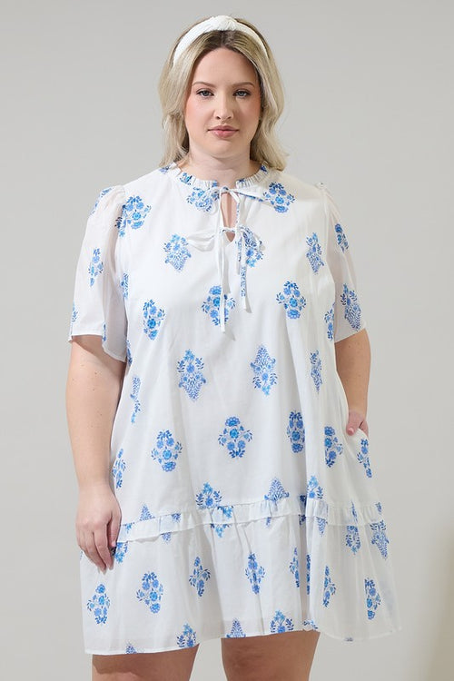 Curvy White and Blue Print Dress