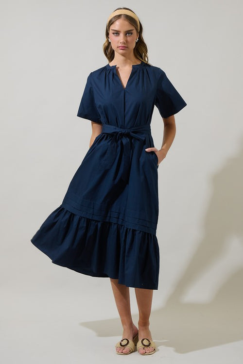 Navy Poplin Midi Dress