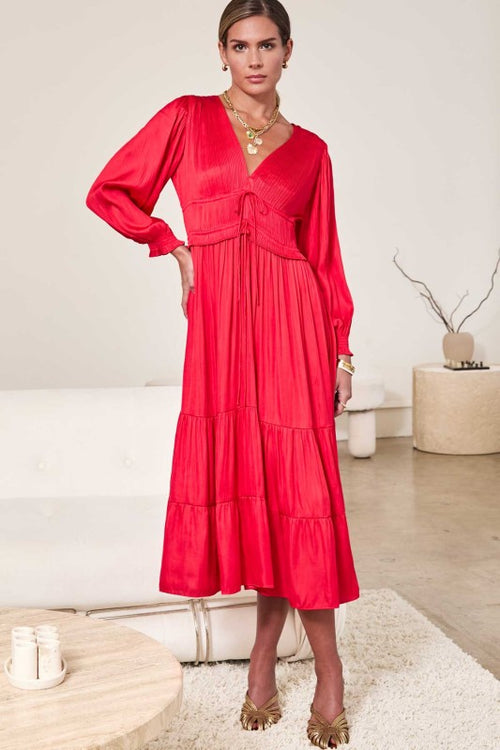 Red Satin Pleated Dress