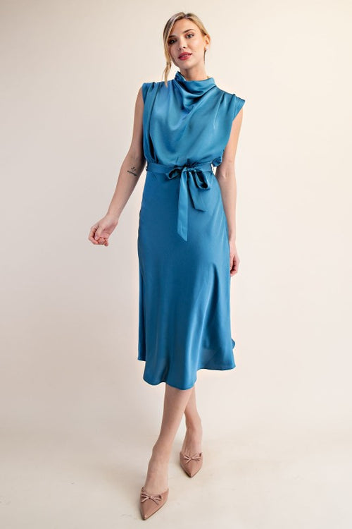 Blue Satin Midi Dress