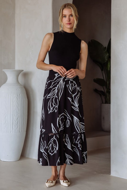 Black and White Contrast Midi Dress