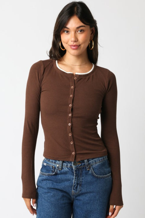 Brown Long Sleeve Button Top