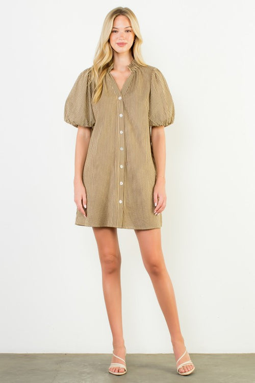 Brown Seersucker Puff Sleeve Dress