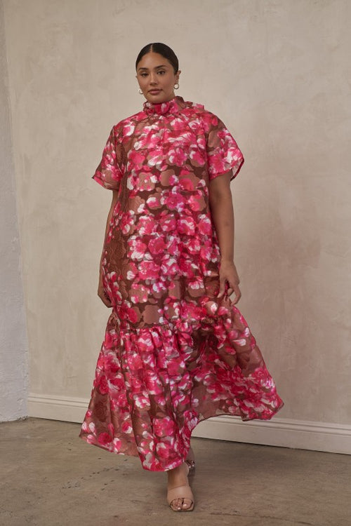 Brown and Pink Floral Maxi Dress