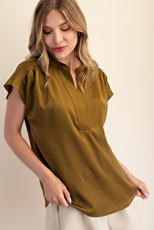 Olive Silky V-Neck Top
