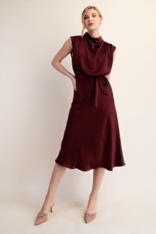 Burgundy Cowl Neck Midi Dress